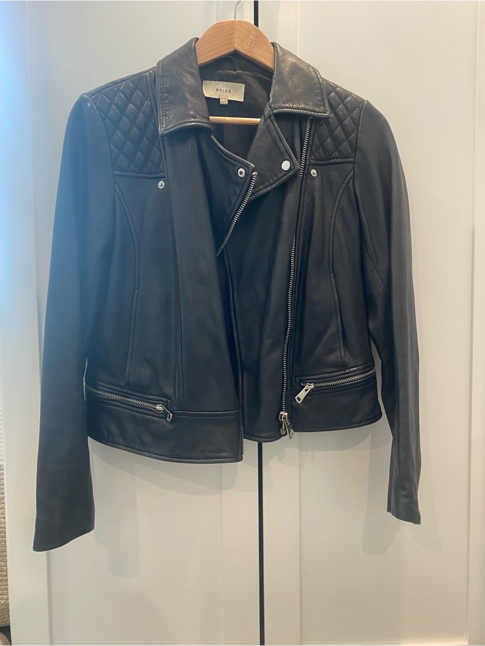 Reiss Black Quilted-Shoulder Genuine Leather Moto Jacket